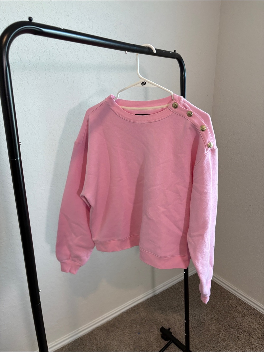 J. Crew 100% Cotton Pink Crewneck Sweater with Gold Shoulder Buttons